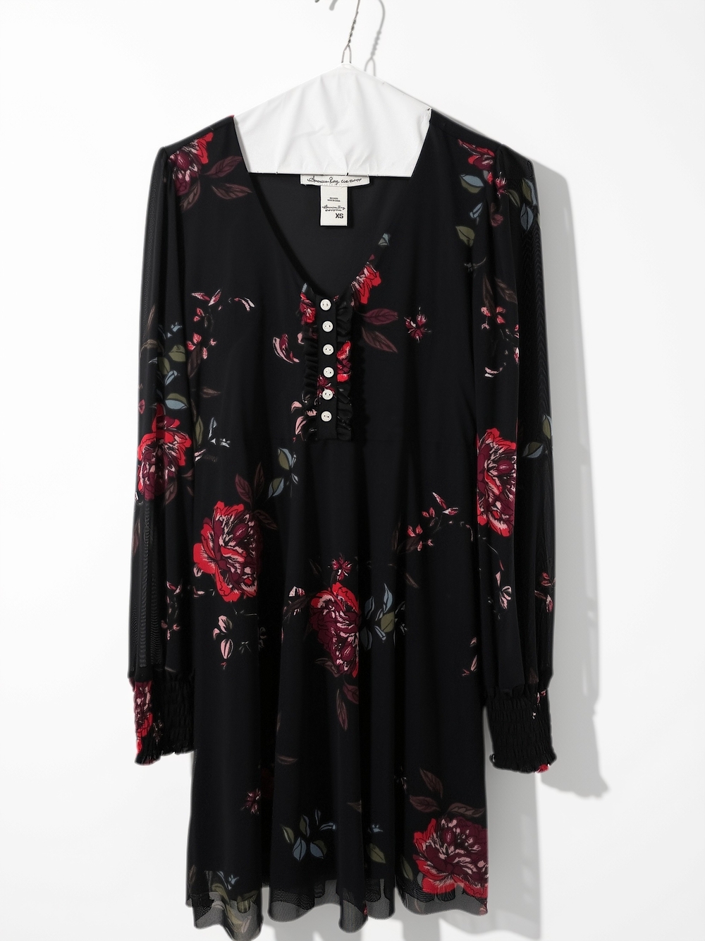 American Rag Black Long-Sleeve V-Neck Dress with Red Rose Print